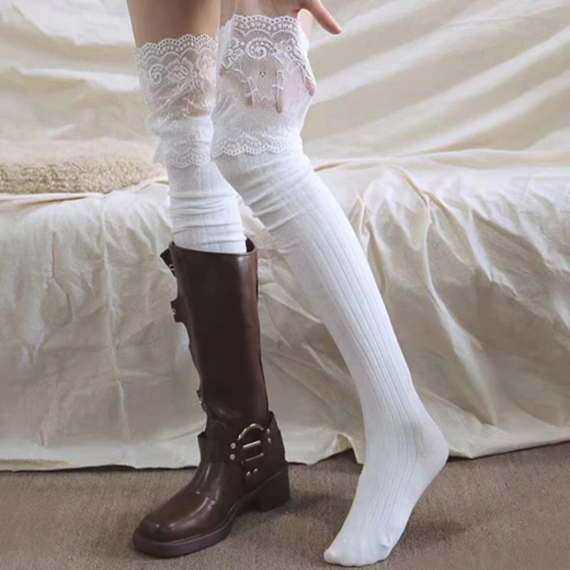 Women's Lace Thigh-High Stockings – Thick Cotton Blend