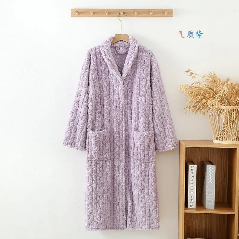 Women's Warm Flannel Bathrobe | Soft Long-Sleeve Fleece Dressing Gown
