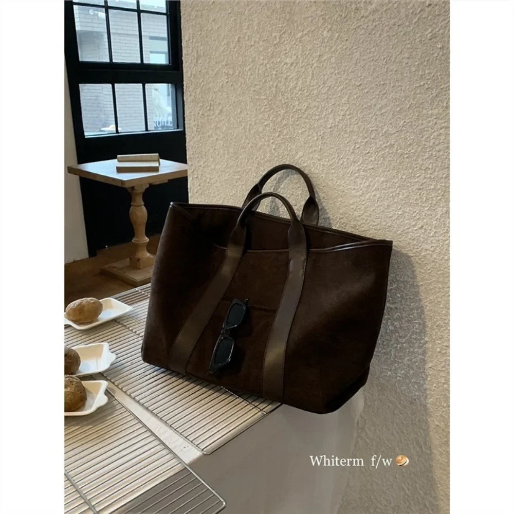 Large Capacity Retro Faux Suede Shoulder Tote Bag – Luxury Commuter Travel Handbag for Women