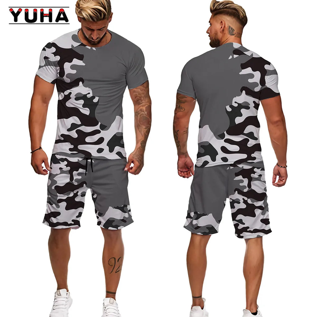 Men's Camouflage T-Shirt & Shorts Tracksuit Set – Outdoor Camping Hunting Sport