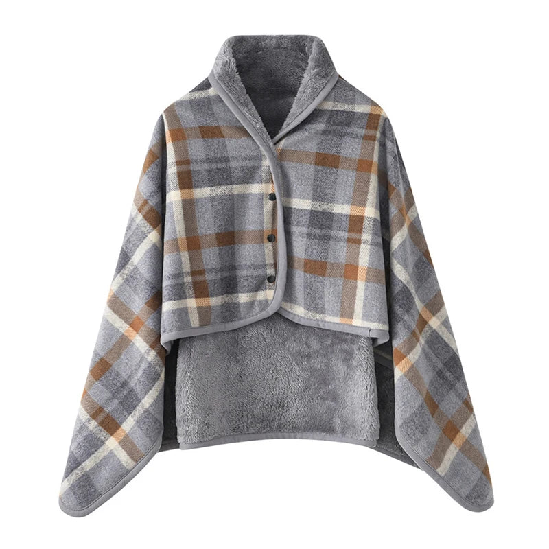 Wearable Plaid Fleece Blanket with Button – Thick Warm Throw for Sofa, Bed, Travel & Office