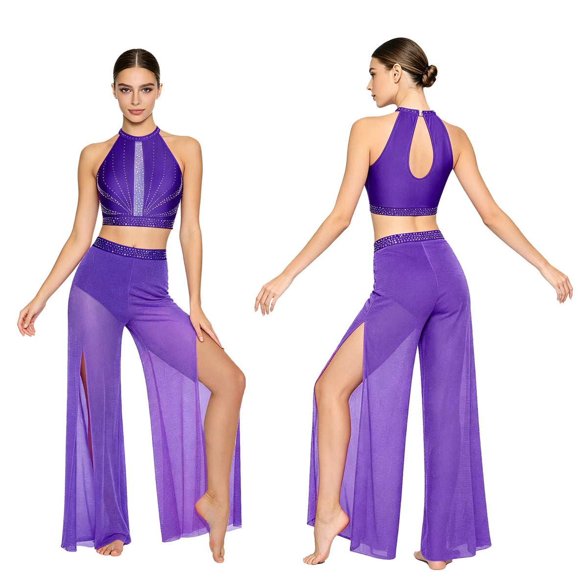 Women's Dance Performance Costume – Shiny Crop Top & Sheer Pants for Skating, Gymnastics & Ballet