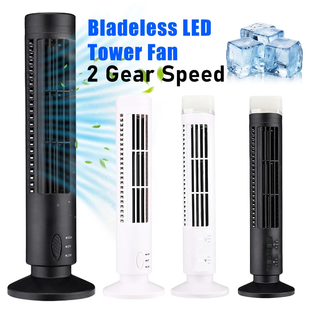 LED Bladeless Tower Fan — USB Powered, 2-Speed, Safe for Kids & Pets, Space-Saving Design