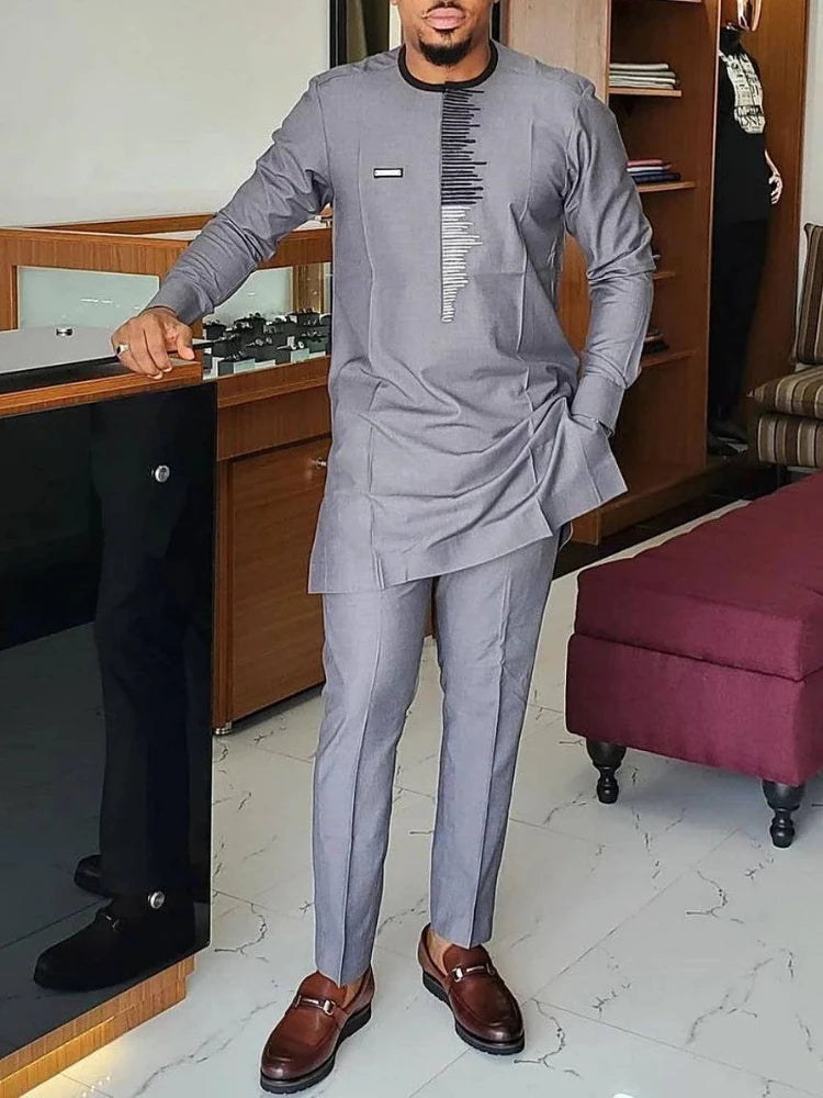 Men's Geometric Print Long Sleeve Top & Drawstring Pants Two-Piece Suit