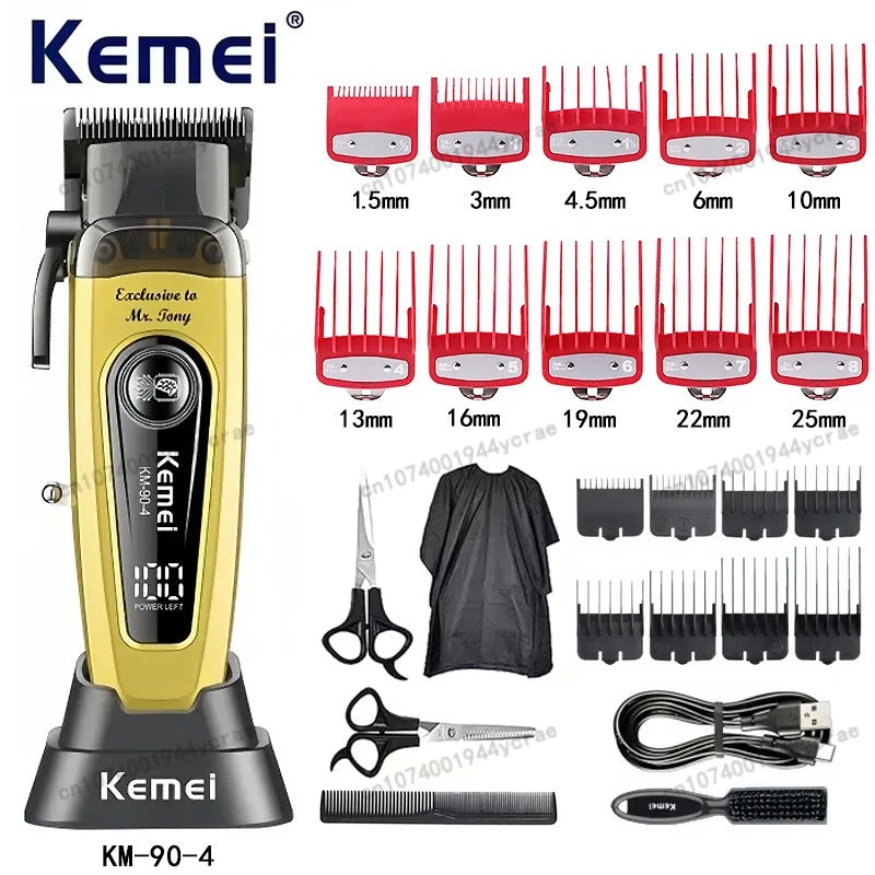 Kemei KM-90 Professional Hair Clipper Set – DLC Blade, Brushless Motor, 11,500 RPM, Cordless Barber Kit