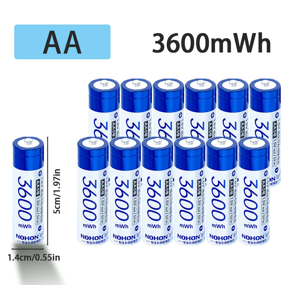 NOHON 1.5V Li-ion Rechargeable AA/AAA Batteries – 3600mWh High Capacity Long Lasting with Battery Charger