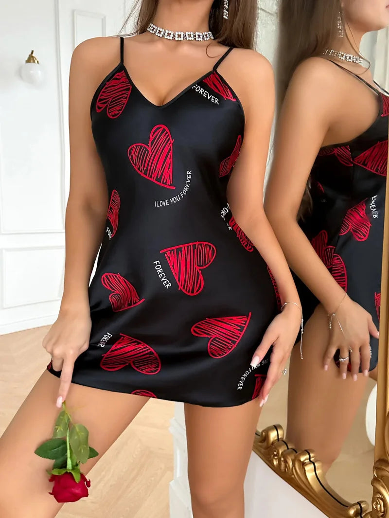 Red Lip Print Satin Slip Nightdress — V-Neck Backless Mini Sleep Dress