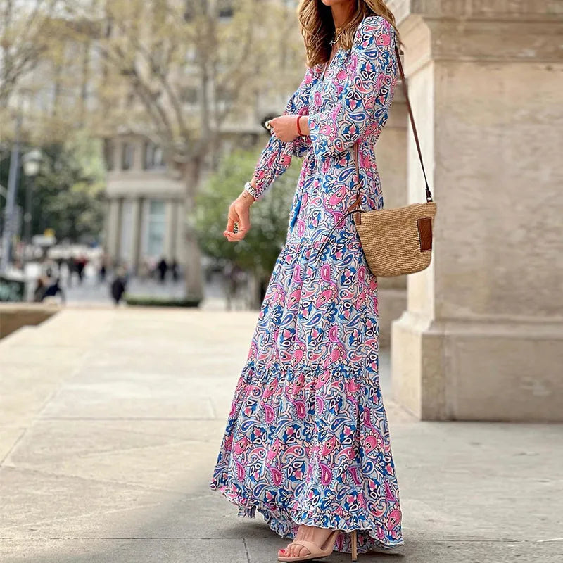 Women's Printed V-Neck Long Sleeve Bohemian Midi Dress – High Waist Elastic Waist Dress