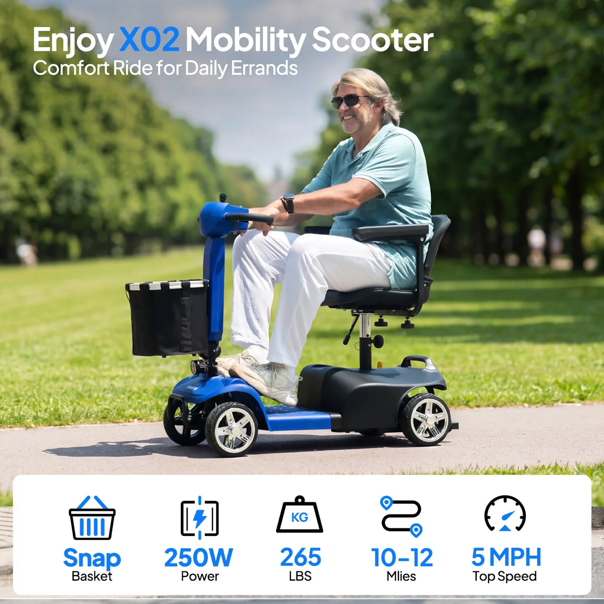 Foldable 4-Wheel Mobility Scooter – 250W, 10-Mile Range