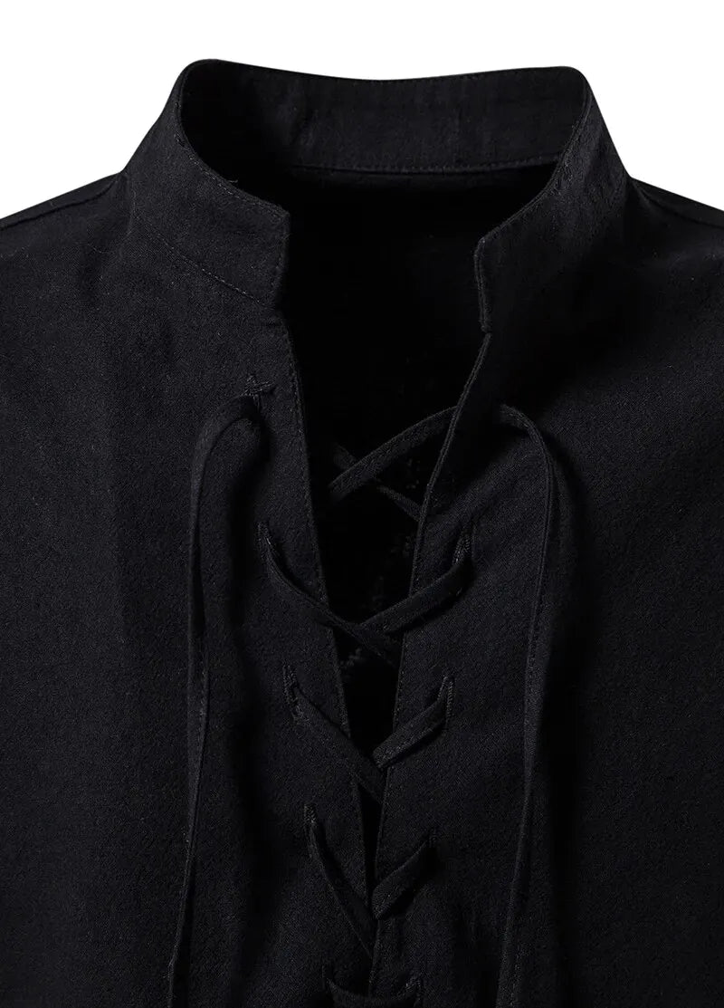 Men's Cotton Linen Drawstring Long Sleeve Shirt — Vintage Casual US Size Top
