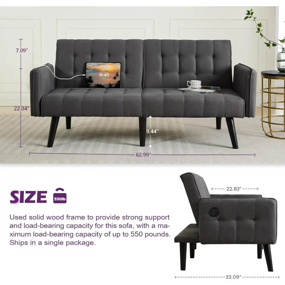 Sofa, Bed & Charging Station in One — TYBOATLE 65" Futon Sofa Bed | 2 USB Ports, Tufted Linen, Adjustable Loveseat for Small Spaces