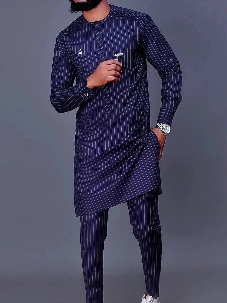 Men's Geometric Print Long Sleeve Top & Drawstring Pants Two-Piece Suit