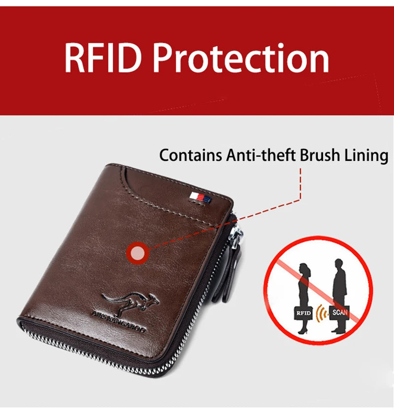 Men's RFID Leather Business Wallet – Zipper Card Holder Purse with RFID Protection