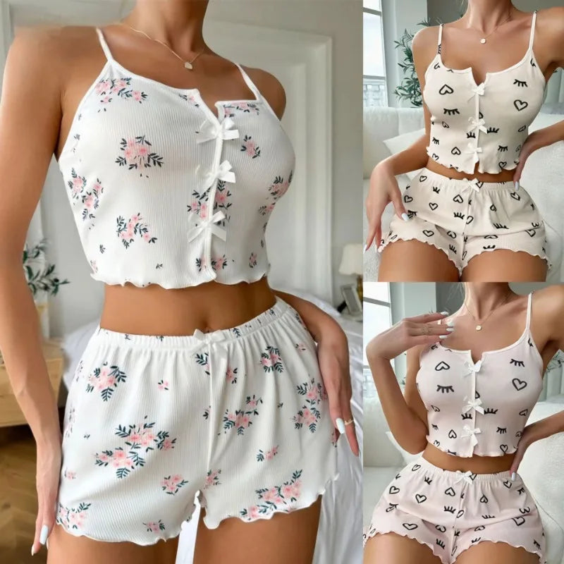 Heart Print Ribbed Cami Top & Shorts Pajama Set — Frill Trim Loungewear