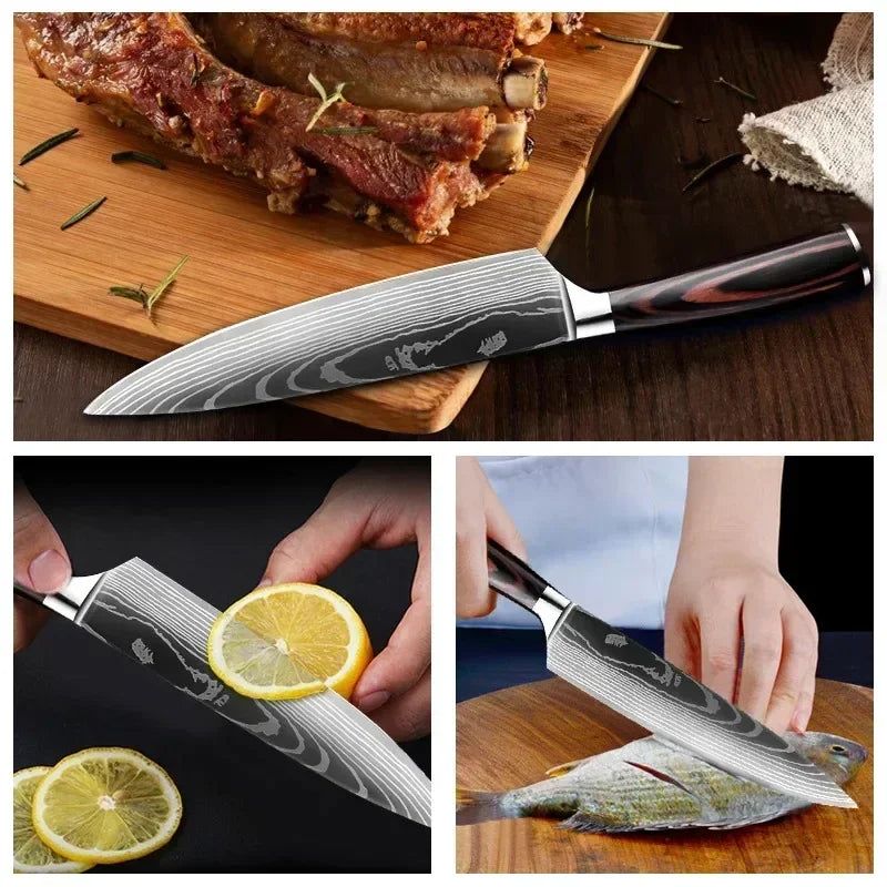 Damascus Kitchen Knife Set — Japanese Santoku, Cleaver, Slicing & Boning Knives
