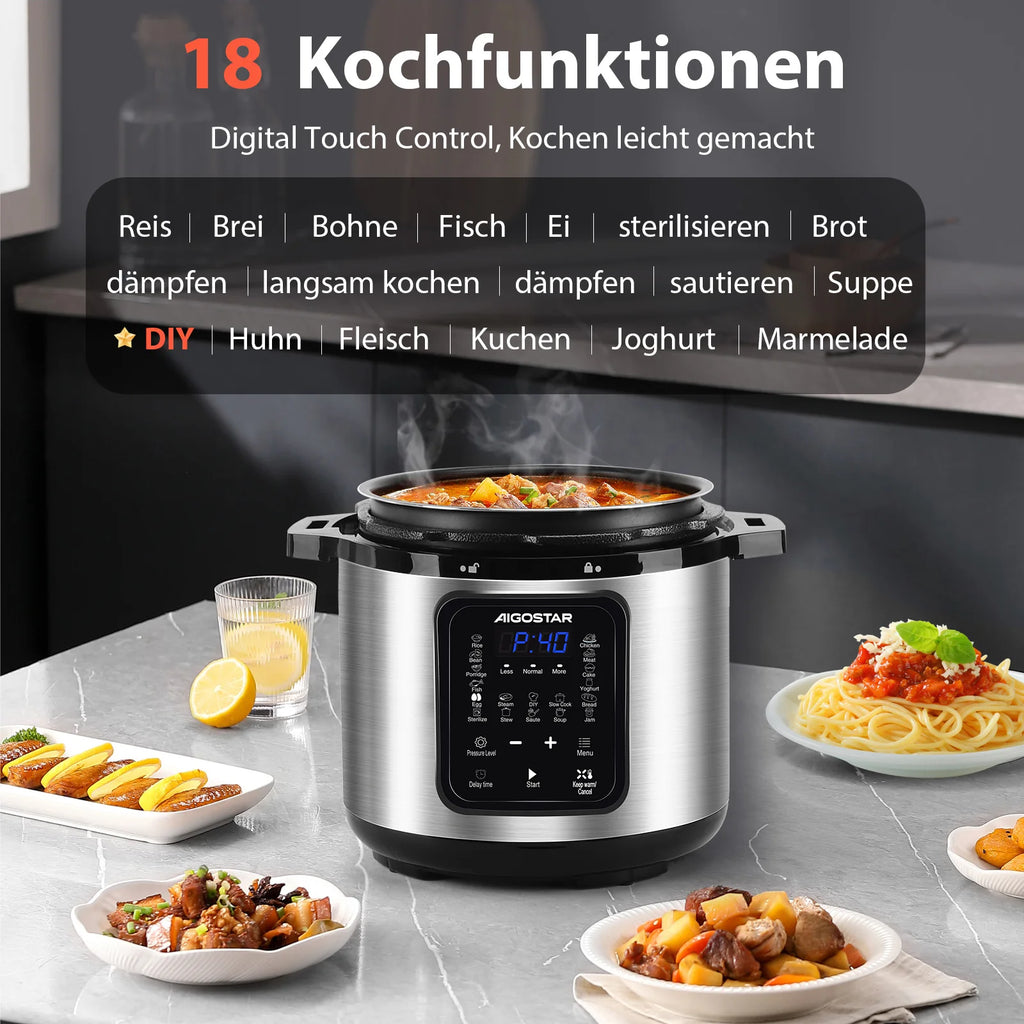 Aigostar 6L 18-in-1 Electric Pressure Cooker – Non-Stick, Keep Warm, Digital Touchscreen, 1000W
