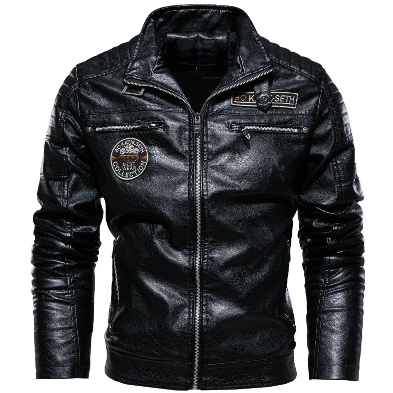 Men's Fleece-Style Faux Leather Jacket – Stand Collar