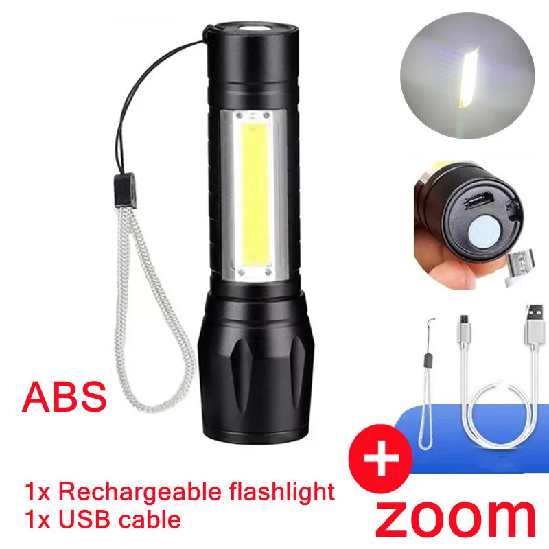 PwwQmm Mini XPE+COB Flashlight – 500 Lumen, Zoomable, 3-Mode, USB Rechargeable, Waterproof Camping Light