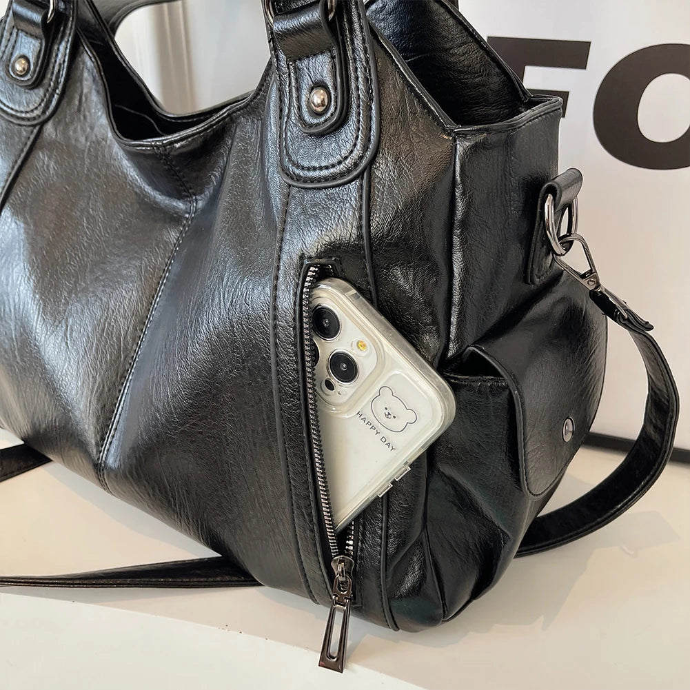 PU Leather Tote Bag with Zipper for Women — Multi-Pocket Shoulder Bag, Retro Crossbody Handbag