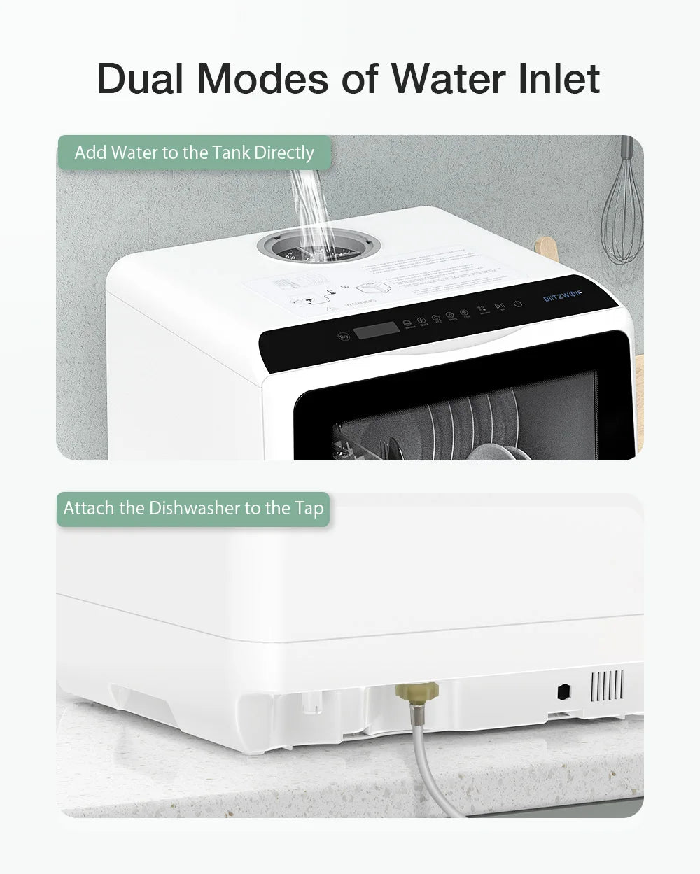 BlitzHome BH-CDW1 Smart Portable Countertop Dishwasher – APP Control, 4-6 Sets, Dual Water Inlet
