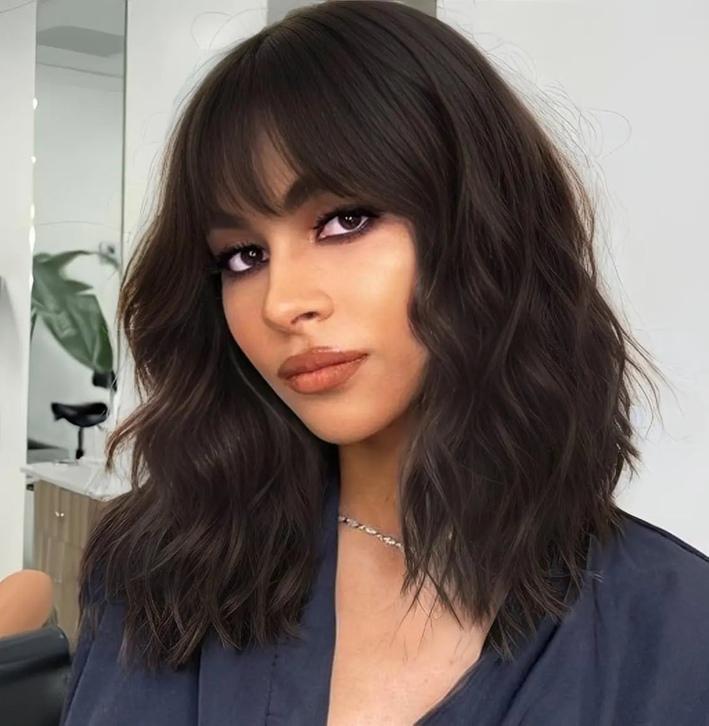 Natural Brown Synthetic Curly Wavy Bob Wig with Bangs for Women