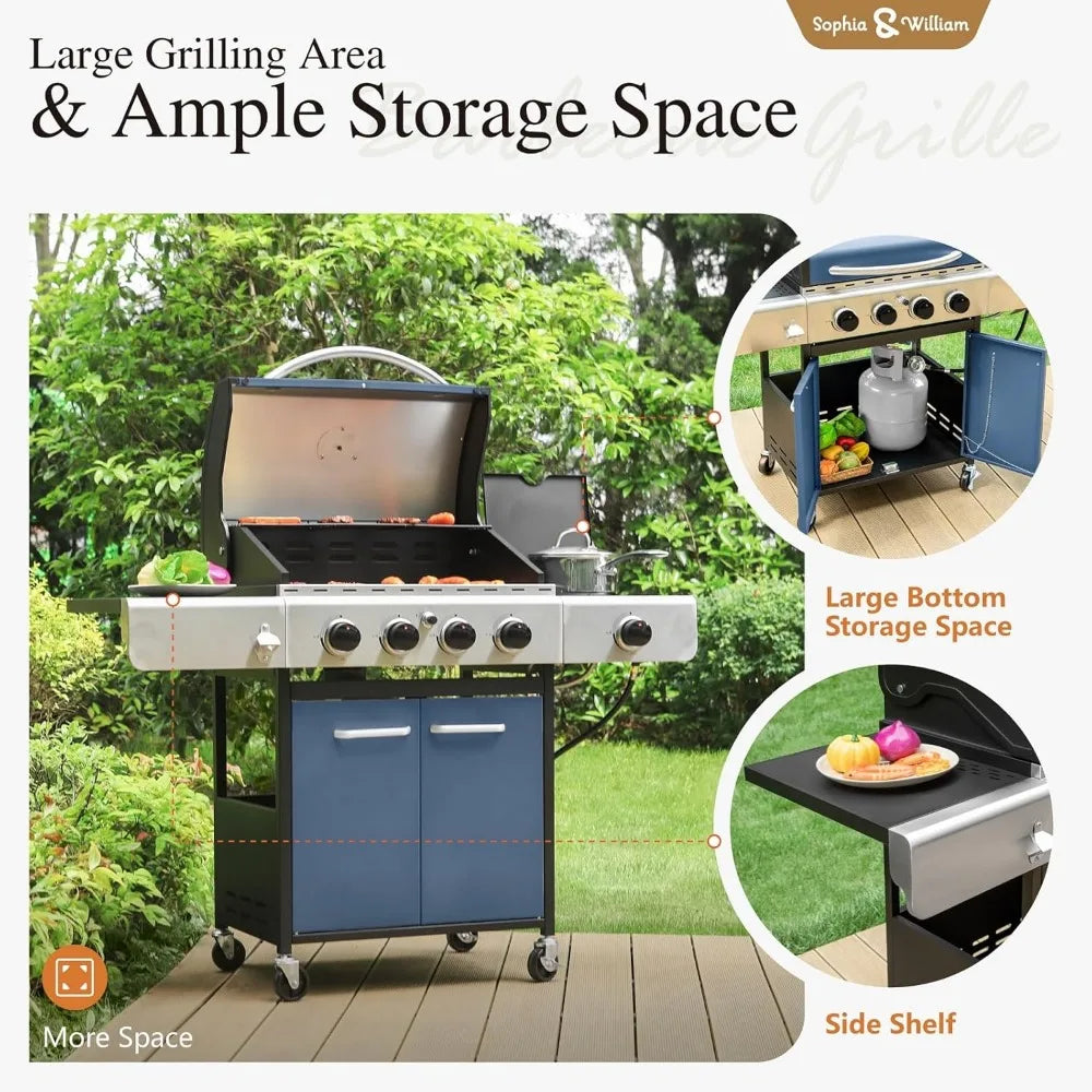 4-Burner Gas BBQ Grill with Side Burner | 42,000 BTU, 542 Sq. In., Porcelain Cast Iron Grates, Cabinet Style, Blue, Outdoor Cooking