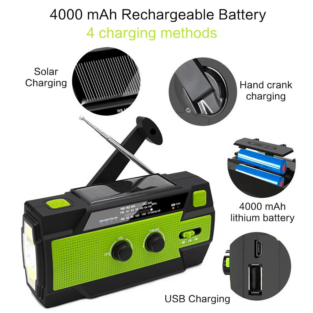 Emergency Weather Radio — FM/AM/WB, Hand Crank Solar, 2000mAh Power Bank & LED Flashlight