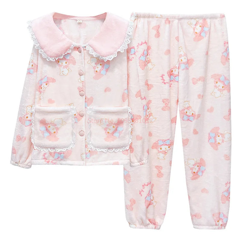 Women's My Melody Flannel Pajamas Set | Cute Lace Collar Winter Homewear Loungewear