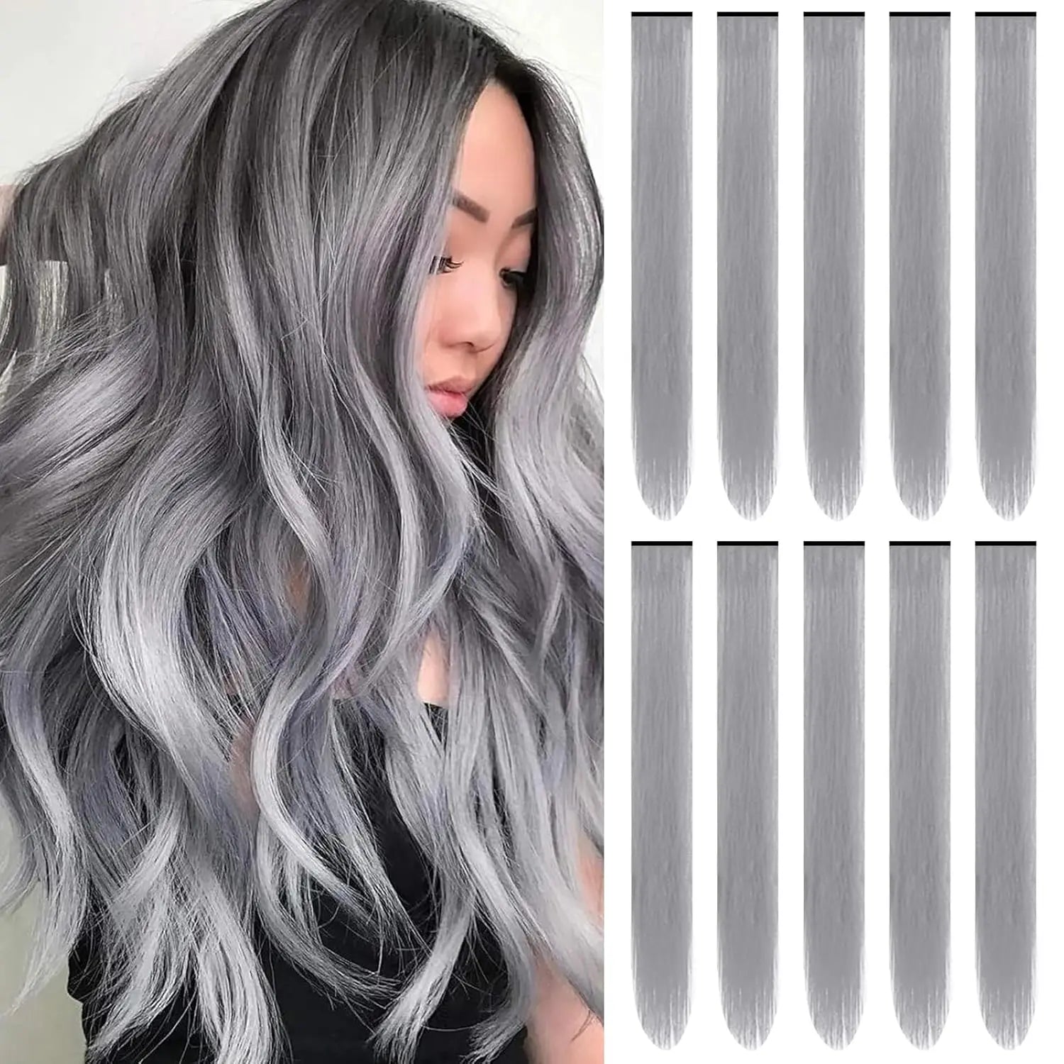 Synthetic 10PC Colored Clip-In Hair Extensions — Kinky Straight, High Temp Fiber, 70g Set