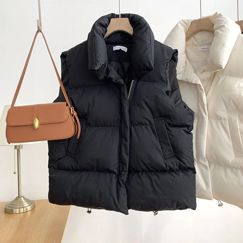 Women's Sleeveless Down Vest – Thick Zip-Up Adjustable Waist Winter Outerwear