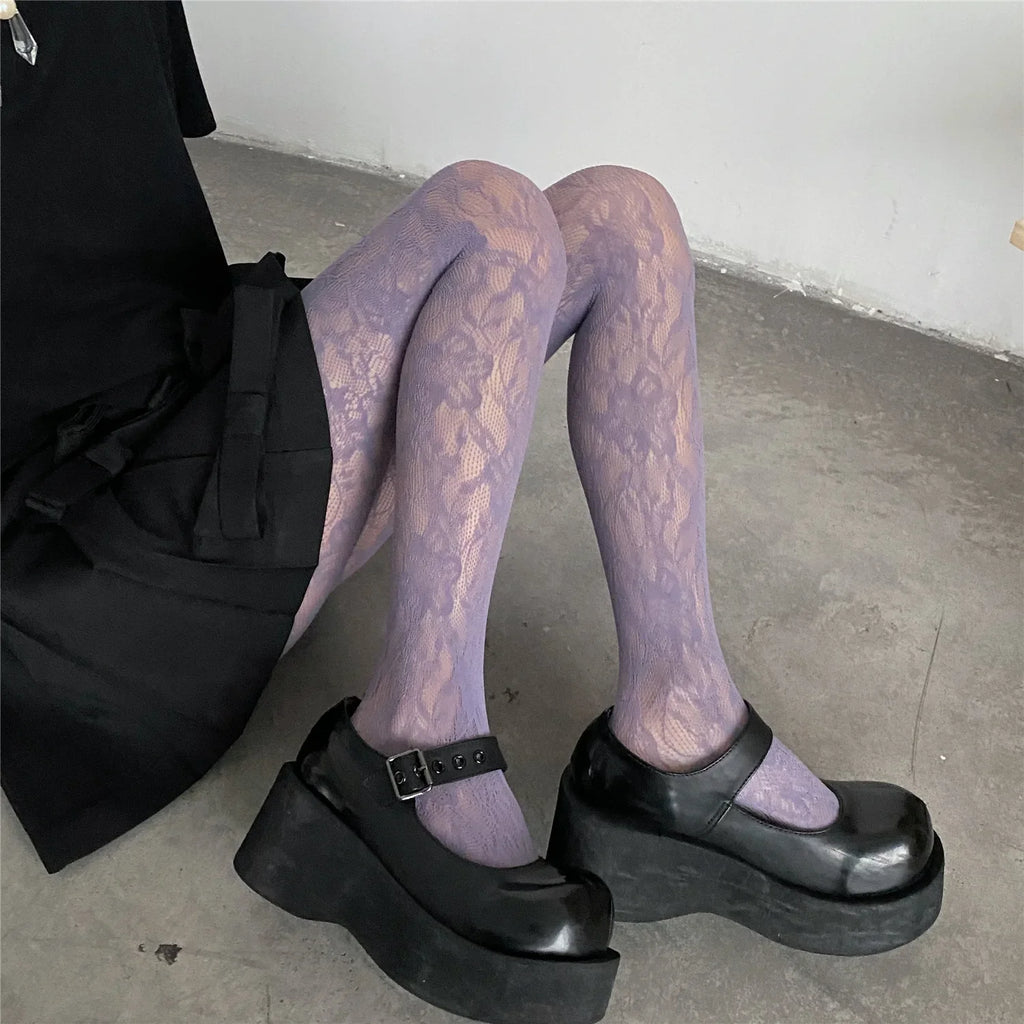 Lolita Floral Thigh-High Fishnet Stockings — Sheer Patterned Hosiery