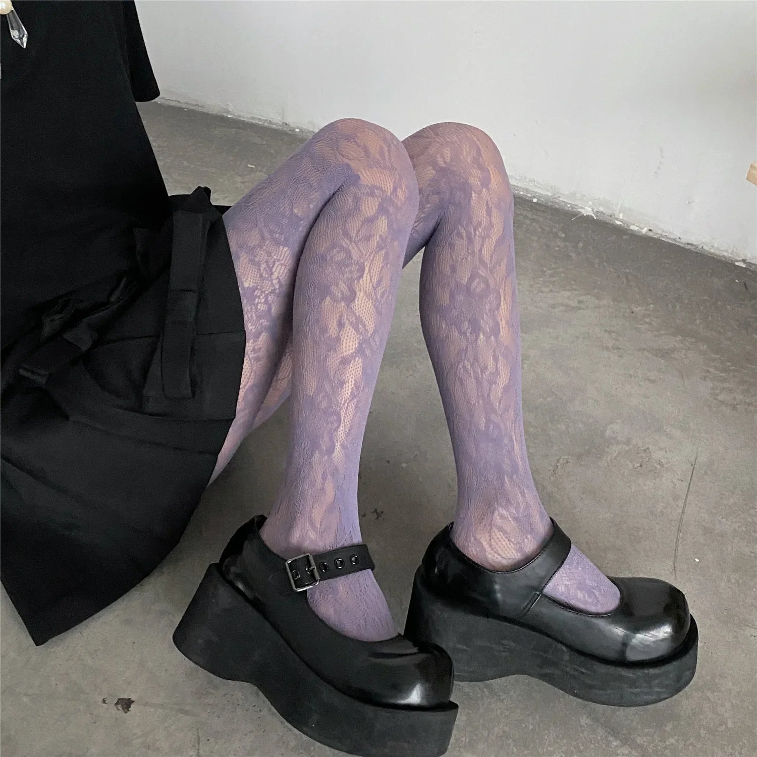 Lolita Floral Thigh-High Fishnet Stockings — Sheer Patterned Hosiery