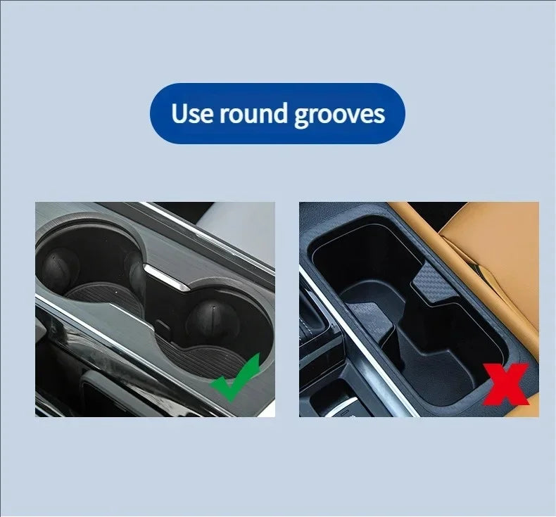 Instruction graphic showing two car cup holder/console views with the text 'Use round grooves.' The left panel highlights a correctly shaped round groove with a green check mark, and the right panel shows a rectangular groove with a red X mark.