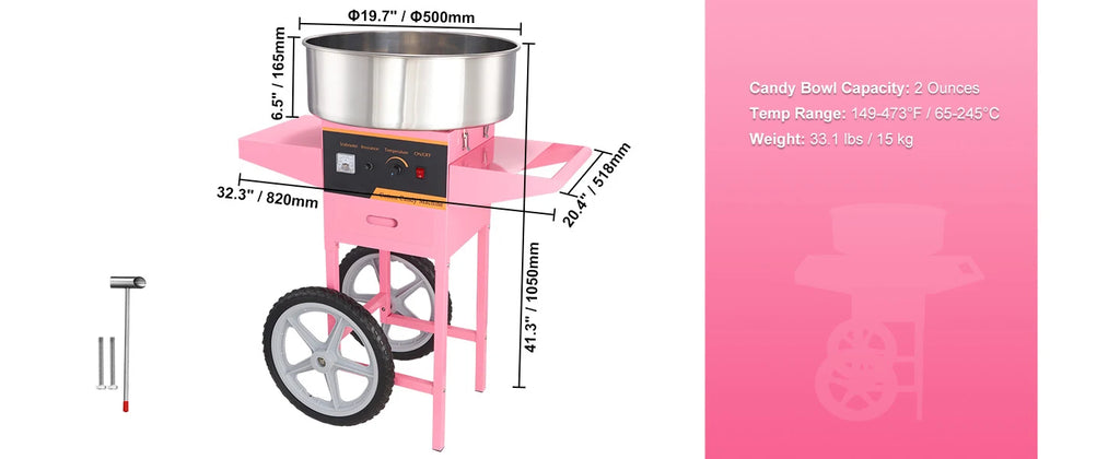 Commercial Cotton Candy Machine 1000W — Electric Floss Maker with Cart, Stainless Steel Bowl
