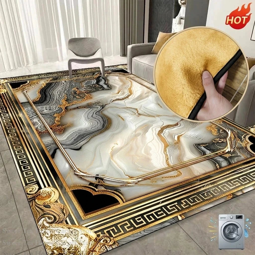 Modern Golden Frame Luxury Carpet – Washable Large Area Rug for Living Room & Bedroom