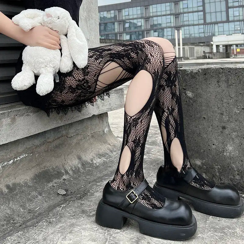 Gothic Fishnet Pantyhose – Ripped Lace Silk Stockings Y2K Punk Hollowed-Out Retro Tights