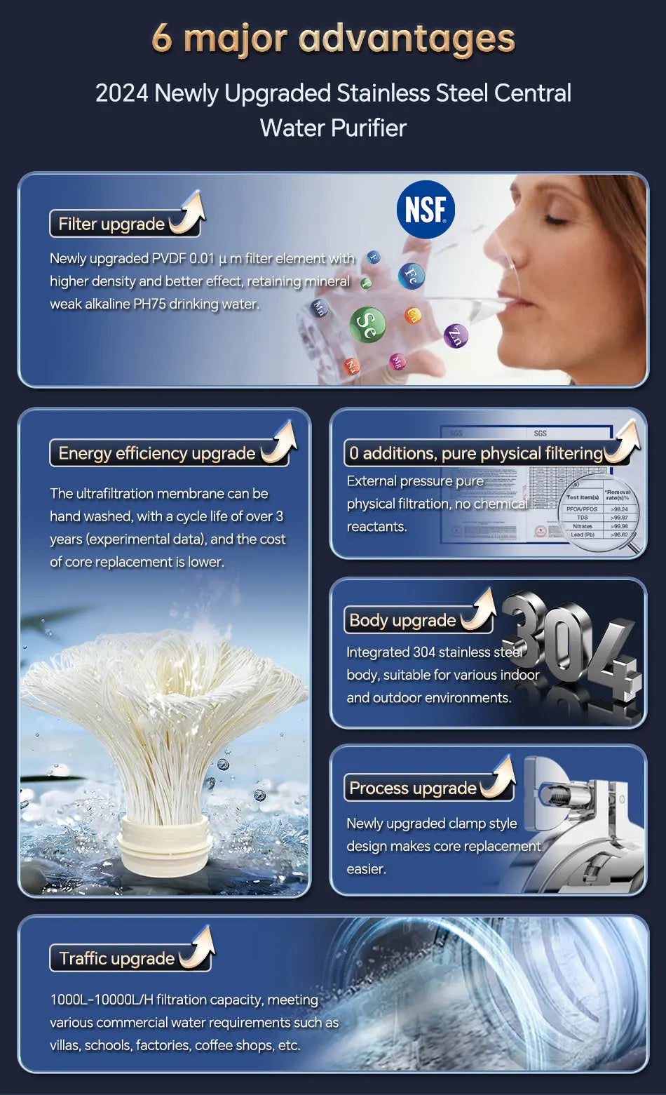 Whole House Water Purifier System 1000L–10000L — Stainless Steel PVDF Mineral Filter, 5+ Year Life