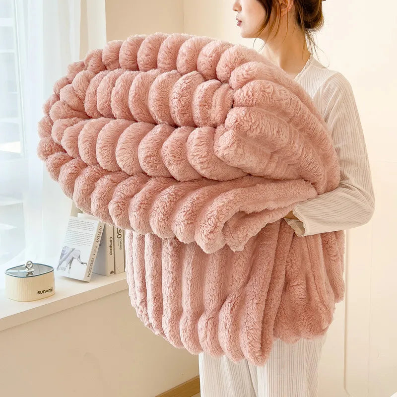 Striped Plush Blanket – Soft Faux Rabbit Fur Throw