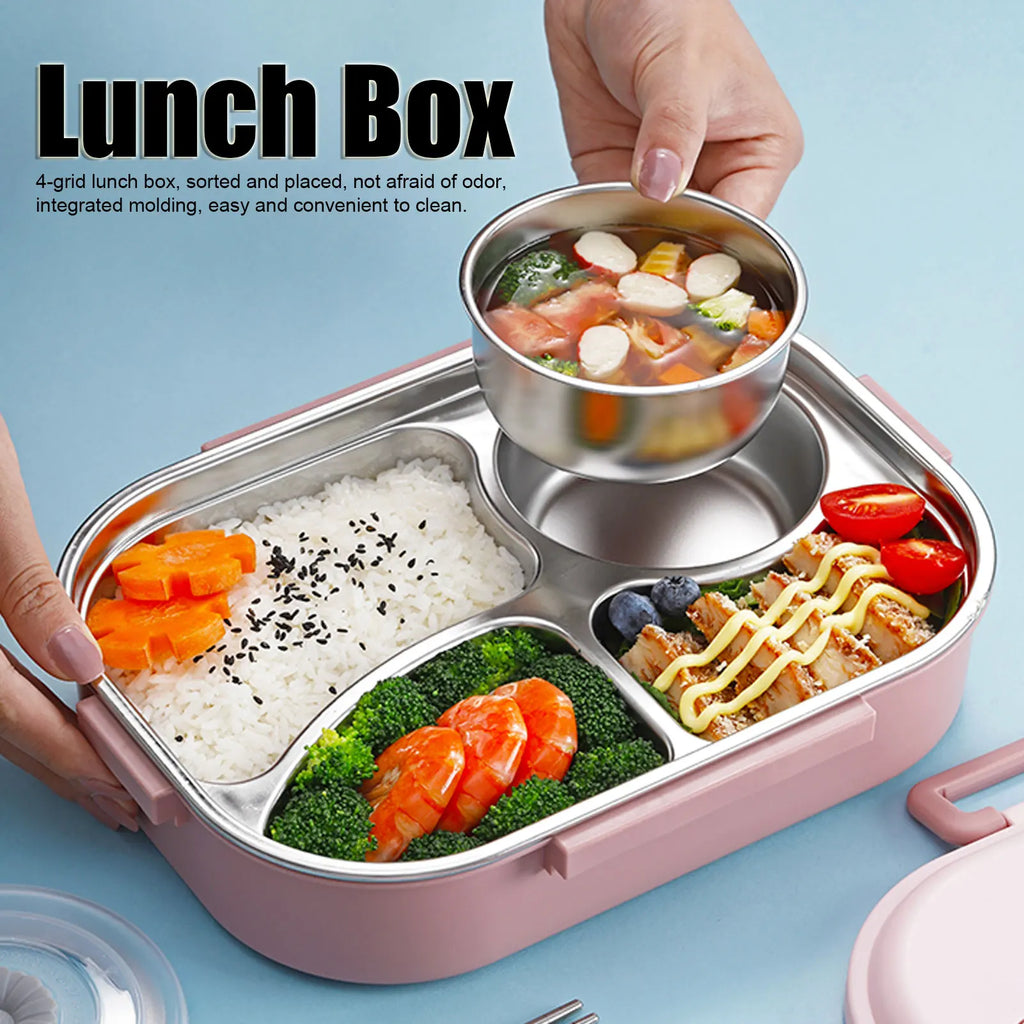 1500ml 4-Compartment Bento Lunch Box – Stainless Steel