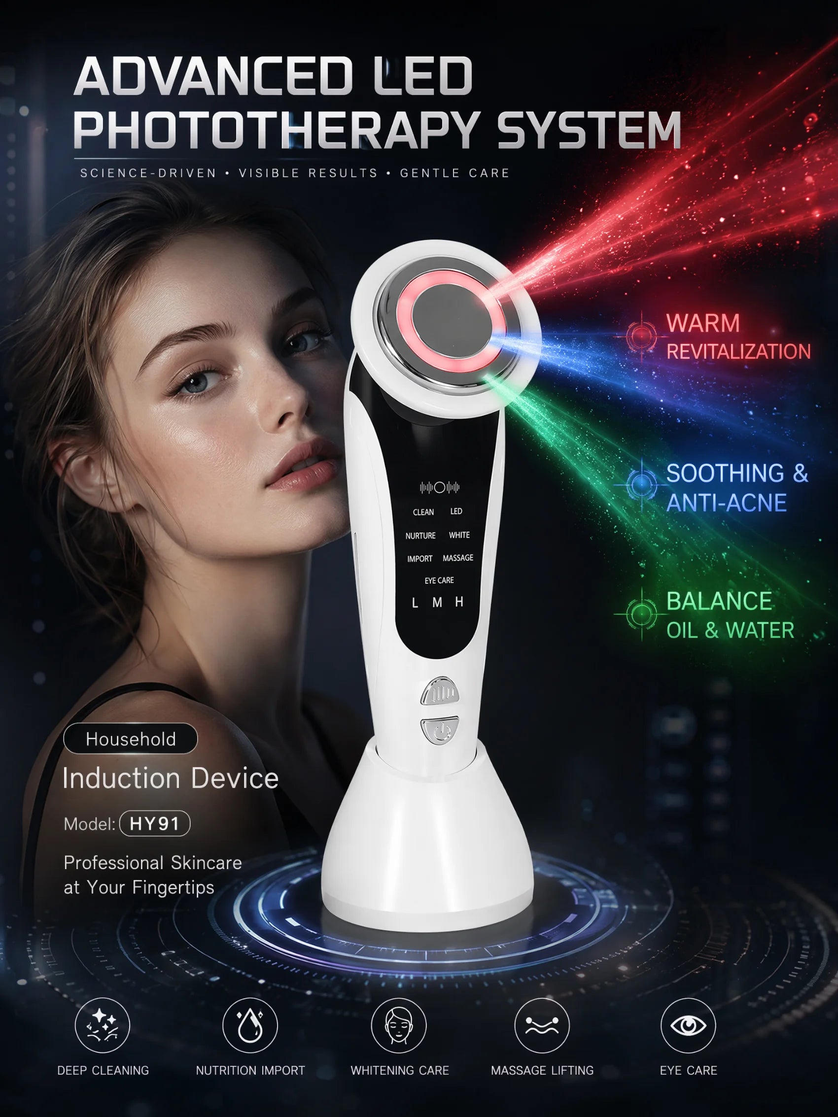7-in-1 LED Facial Beauty Device – Cleansing, Serum Infusion, LED Light Therapy & Eye Care Massager