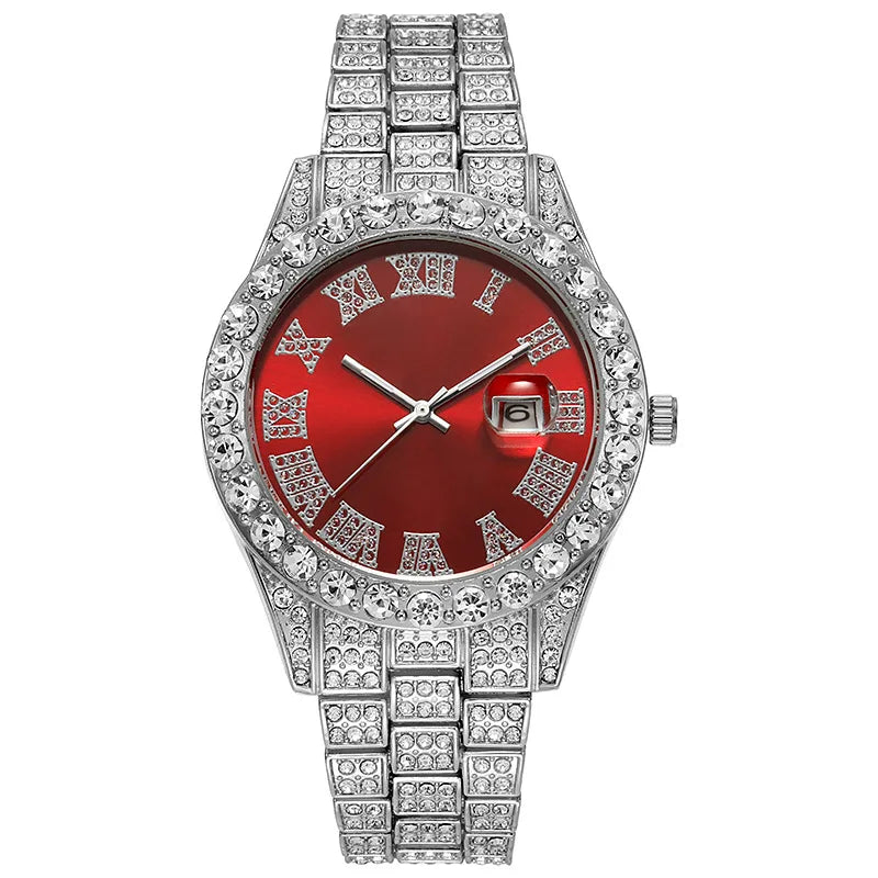 Men's Classic Golden Roman Rhinestone Quartz Watch | Steel Strap Calendar Fashion Wristwatch