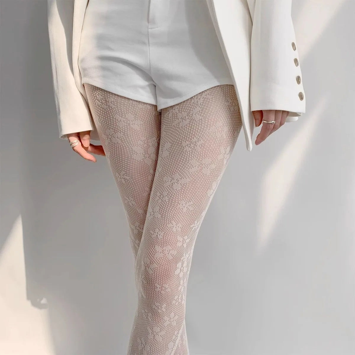 Lolita Floral Thigh-High Fishnet Stockings — Sheer Patterned Hosiery