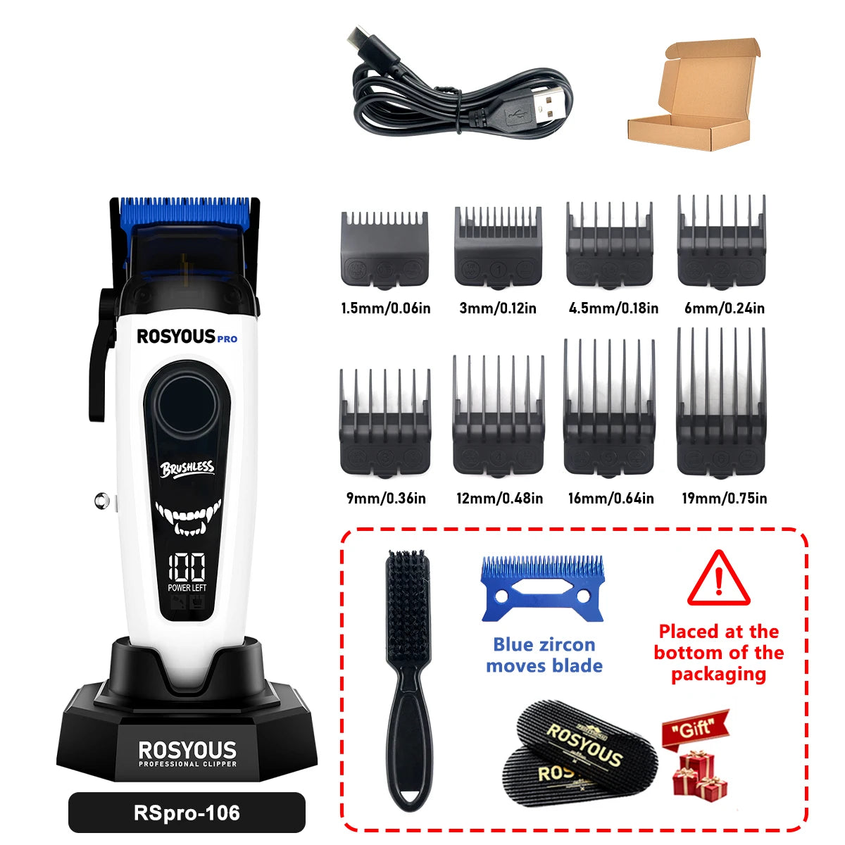ROSYOUS Professional Brushless Hair Clipper – DLC Blade, LED Display, Base Charger, 240-Min Runtime