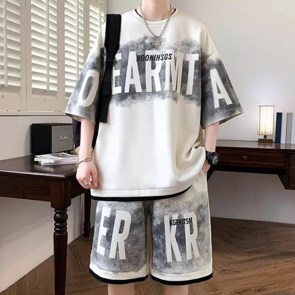Men's Letter Print Short Sleeve T-Shirt & Drawstring Shorts Breathable Sports Set