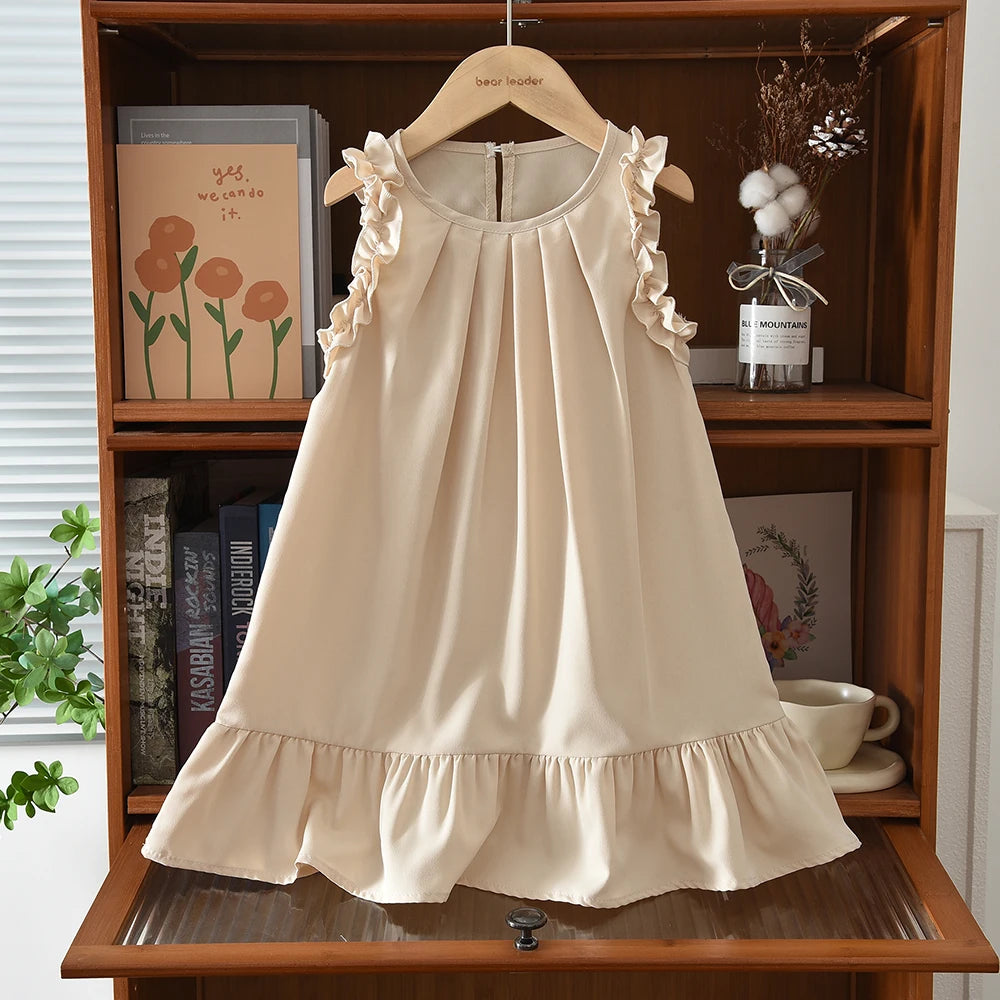 Korean Sleeveless Pleated Girls Dress — Solid Color Round Neck Summer Kids Dress