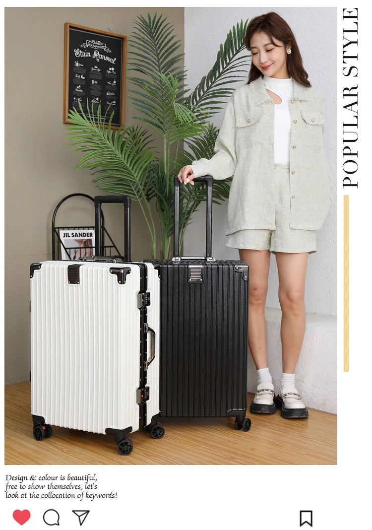 Aluminum Frame Leather Trolley Case — 20"/24"/26"/28" Universal Wheels