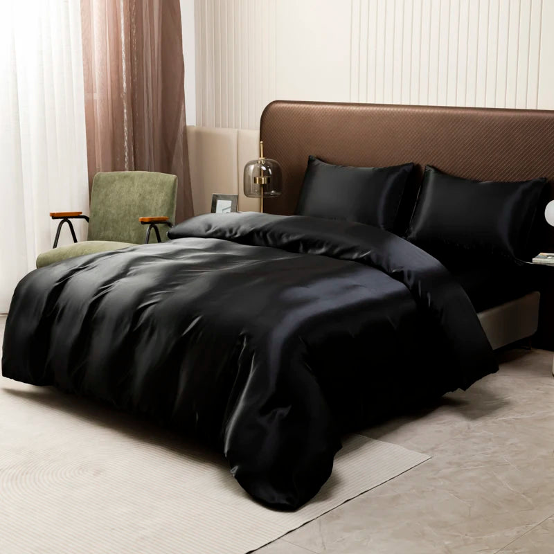 Luxury Ice Silk Satin Bedding Set – Solid Color Duvet Cover with Pillowcases, Queen & King
