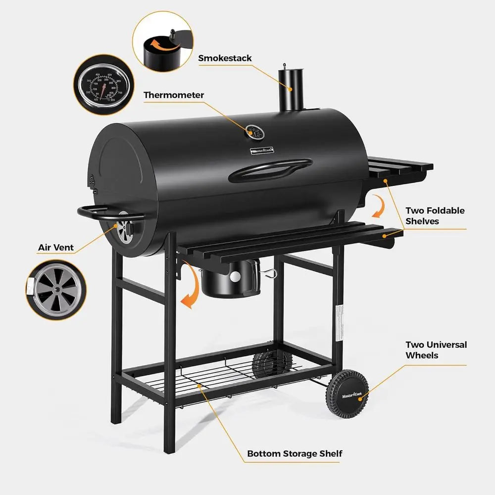 Portable 686 Sq. In. Charcoal BBQ Grill | Adjustable Air Vents, Built-In Thermometer, Folding Side Tables, 360° Wheels, Outdoor & Parties