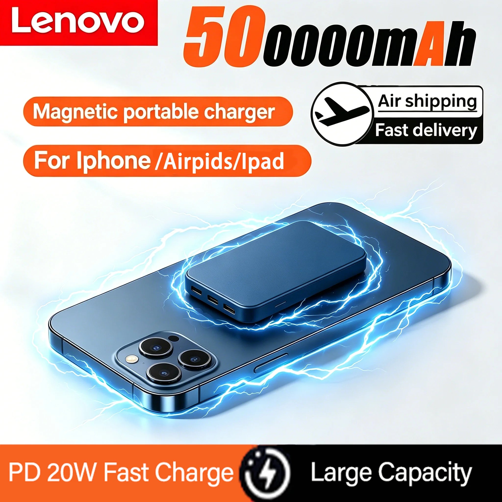 Lenovo 22.5W Magnetic Wireless Power Bank – MagSafe Compatible Portable Charger for iPhone