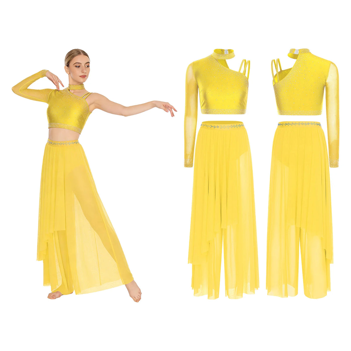 Women's Dance Performance Costume – Shiny Crop Top & Sheer Pants for Skating, Gymnastics & Ballet